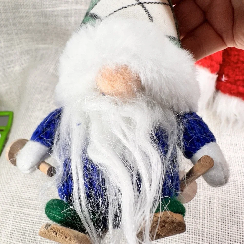 Christmas Gnome Ornaments Lot Nordic‎ Plush Red Hat & Wood Skier Gnome Decor